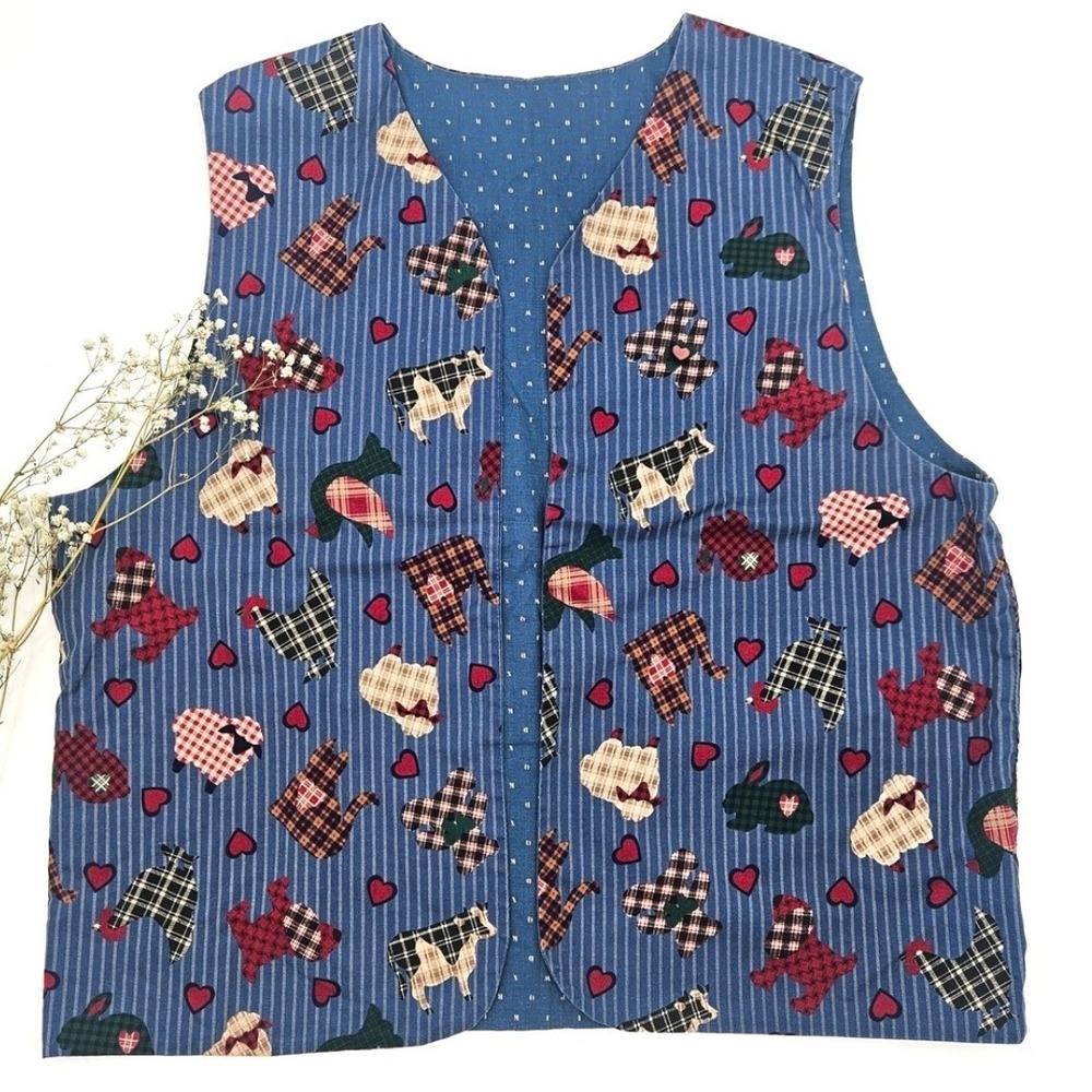Vintage 90s Farm Animal Print Vest | Country‎ Cottagecore Quilted Waistcoat - Picture 11 of 11